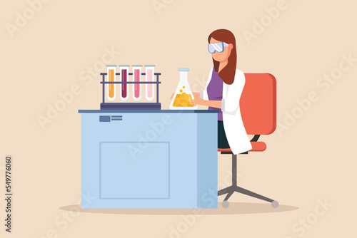 Female Chemist in Safety Glasses Mixes Liquids in a Beakers. Concept of scientist activity in laboratory. Flat vector illustrations isolated on white background.