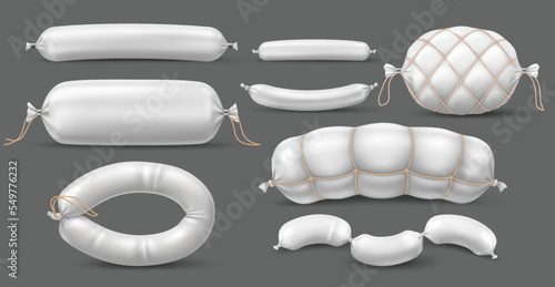 Sausage packaging mockup. Realistic white cellophane wrappers, different meat products blank design, natural meat delicacies various package, salami and ham, 3d isolated food, utter vector set