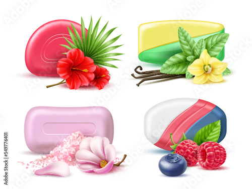 Soap aroma bars. Realistic natural bath cosmetic with fruits, berries and flowers, body care, skin hygiene, foaming pieces, washing various shapes, 3d isolated toiletries, utter vector set