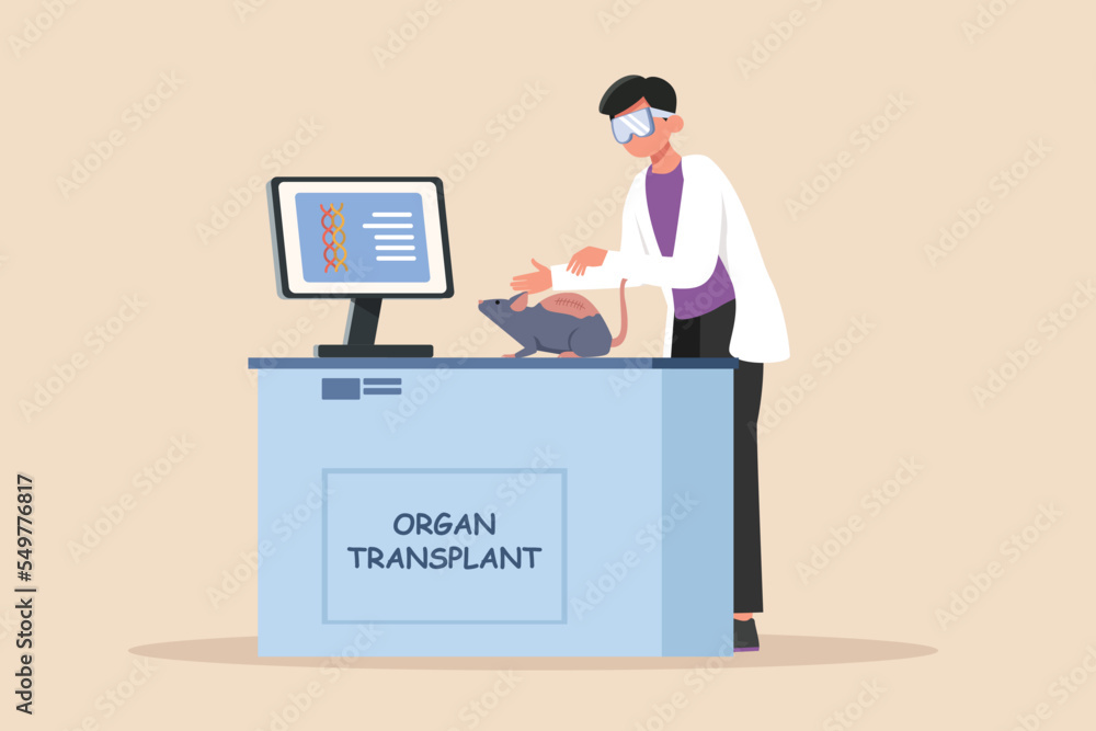 Vet male transplanting rat organs. Concept of scientist activity in laboratory. Flat vector illustrations isolated on white background.