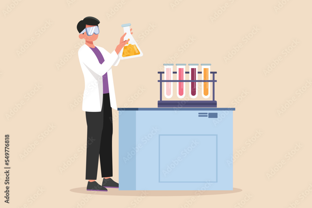 Male Chemist in Safety Glasses Mixes Liquids in a Beakers. Concept of scientist activity in laboratory. Flat vector illustrations isolated on white background. Male Chemist in Safety Glasses Mixes Liquids in a Beakers. Concept of scientist activity in laboratory. Flat vector illustrations isolated on white background.
