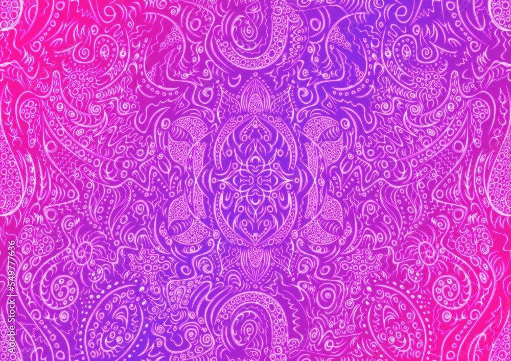 Hand-drawn abstract seamless ornament. Neon gradient (plastic pink to proton purple) background and glowing pattern on it. Cloth texture. Digital artwork, A4. (pattern: p01a) Hand-drawn abstract seamless ornament. Neon gradient (plastic pink to proton purple) background and glowing pattern on it. Cloth texture. Digital artwork, A4. (pattern: p01a)