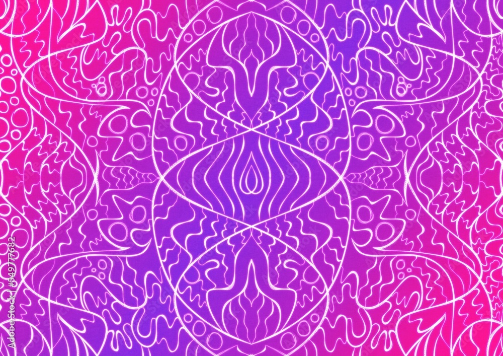 Hand-drawn abstract seamless ornament. Neon gradient (plastic pink to proton purple) background and glowing pattern on it. Cloth texture. Digital artwork, A4. (pattern: p02-2a)