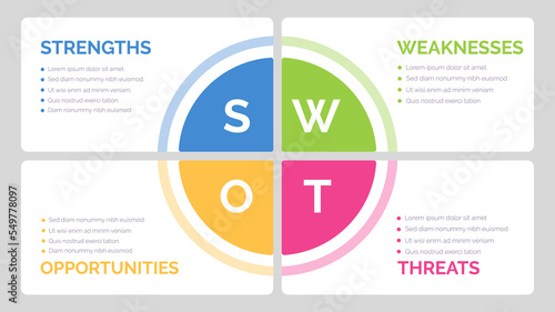 SWOT analysis template for strategic company planning. Four colorful elements with space for text inside. Modern Infographic design template. Vector illustration.