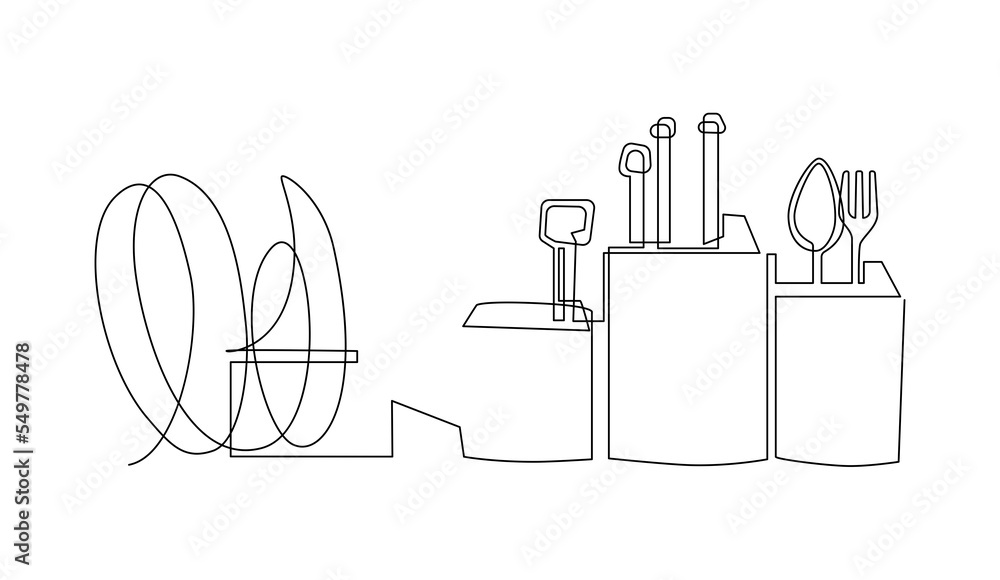 Fototapeta premium Desktop Dish rack, organizer for clean dishes. Still life on the kitchen table. Continuous line drawing illustration
