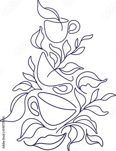 Green leaves pattern. Vector tea bush, line flower