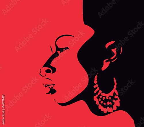 Silhouette face head in profile ethnic. Vector illustration of girl head. Silhouette of African American woman with afro hairstyle isolated on white photo