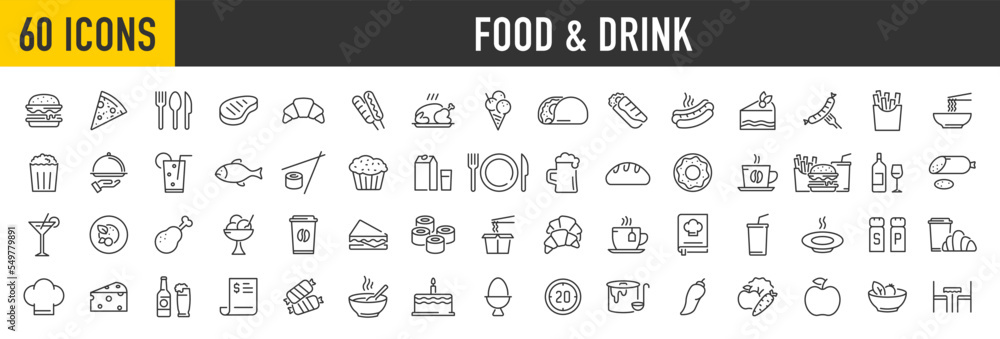 Set of 60 Food and drink web icons in line style. Meal, restaurant, dishes, fruits, fastfood, burger, pizza, coffee, sandwich, collection. Vector illustration. - obrazy, fototapety, plakaty 