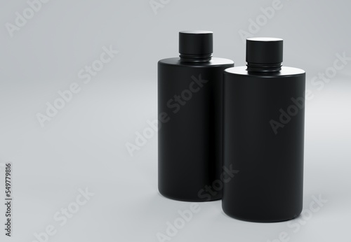 Two black plastic shampoo bottles standing on gray background 3D render business template