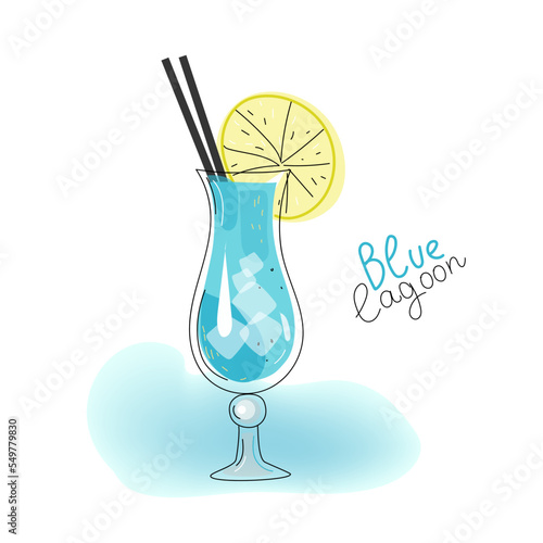 Blue lagoon alcohol cocktail, vector  colored doodle hand drawn sketch illustration.