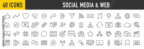 Set of 60 Social media and web icons in line style. Data analytics, blogging, seo, digital marketing, management, message, phone, collection. Vector illustration.