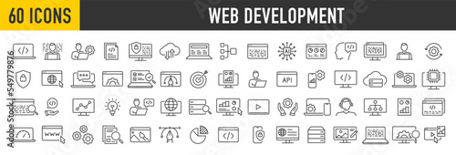 Set of 60 Web Development web icons in line style. Programming, code, mobile app, developer, management, seo, digital, web design, marketing, analytics, collection. Vector illustration.