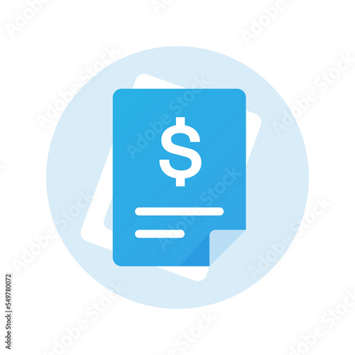 Invoice icon. Payment and bill invoice. Tax sign design. Paper financial document icon. Flat design blue file with dollar sign illustration. Vector invoice icon