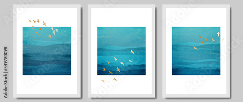 Vector art set. Golden birds on the background of the ocean and waves, with a watercolor texture with a golden line and blue watercolor, marine themed art in a minimalistic style. For interior decor