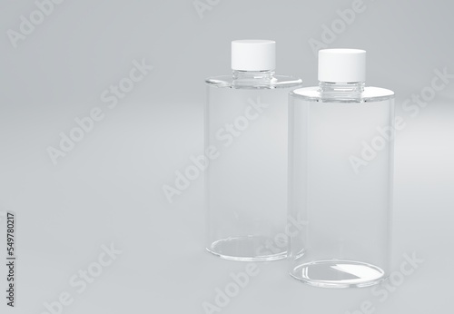 Two clear plastic shampoo bottles standing on gray background 3D render business template