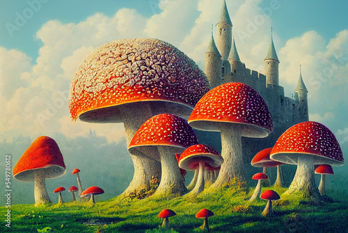 fantastic wonderland landscape with mushrooms  beautiful old castle