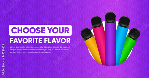 Disposable electronic cigarette vector banner. Colorful disposable e-cigarettes with different flavors in circle with place for your text. Vape banner concept. Vector illustration photo
