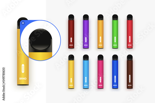 Set of colorful disposable electronic cigarettes in different flavors. Modern smoking devices in different colours. Vector realistic high quality illustration