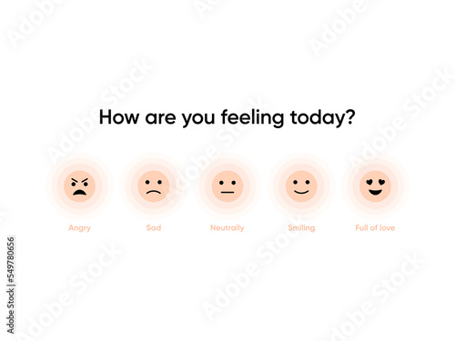 Emotion feedback icons. Daily emotion dairy app vector element. Check your emotional state today. Customer feedback concept. Emotion scale from angry to full of love. Vector illustration
