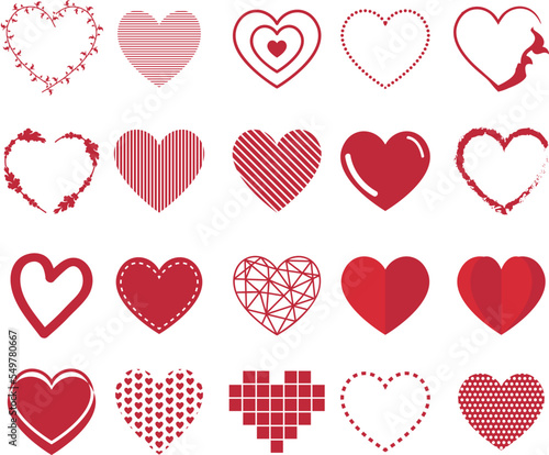 Heart icon collection in red. Design elements for Valentine s Day. Set of hearts for cards and banners