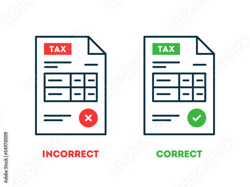 Tax return form icons. Correctly and incorrectly completed Tax form. Vector thin line icons on white background