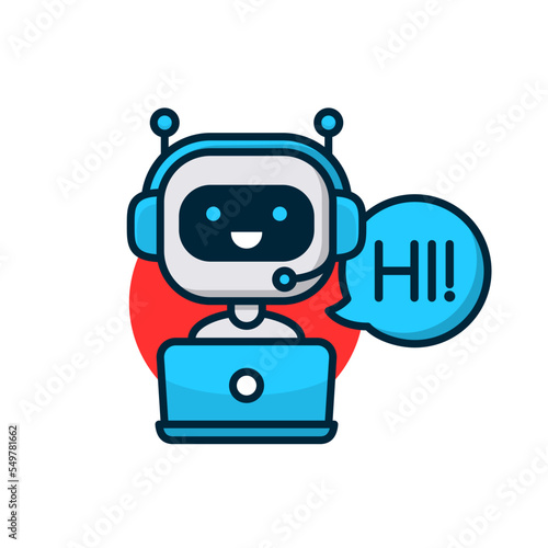 Chatbot icon. Cute smiling robot say Hi behind laptop. Virtual assistant avatar icon. Support customer service chatbot icon. Vector modern line character illustration isolated on white