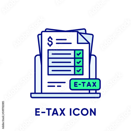 E-tax icon. Electronic Tax Return icon concept. Stack of paper documents with checked checkboxes and tax sign on laptop. Payment and bill invoice. Digital Tax sign design. Vector flat line icon