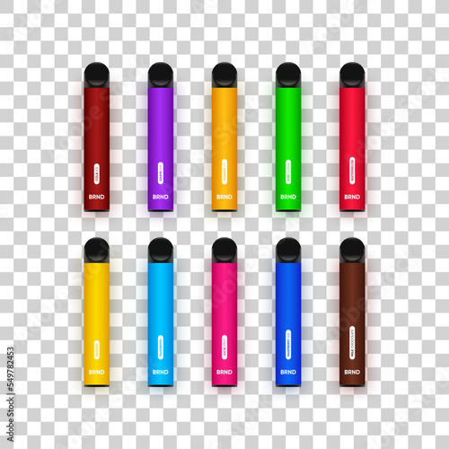 Set of colorful disposable electronic cigarettes in different flavors on transparent background. Modern smoking devices in different colours with shadow. Vector realistic high quality illustration