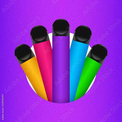Disposable electronic cigarettes with different flavors in circle. Colorful disposable e-cigarettes design element for banner. Vector illustration