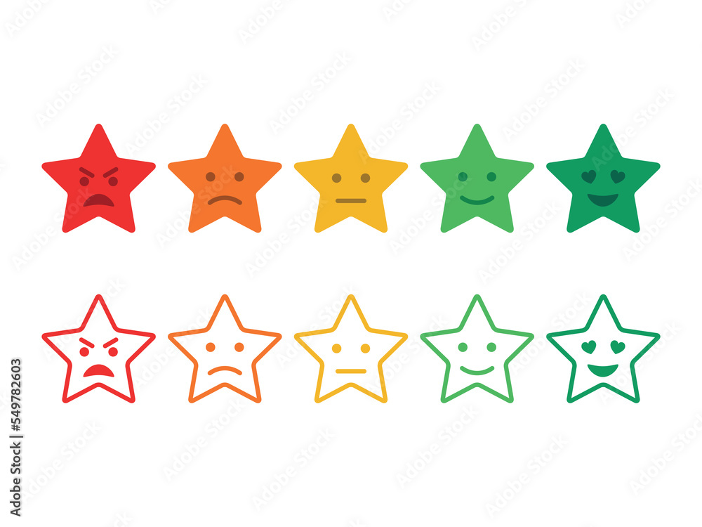 Feedback emoticon stars. Survey stars smiley set. Customer experience evaluation. Rating system stars. Level of satisfaction rating. Vector flat icon set Feedback emoticon stars. Survey stars smiley set. Customer experience evaluation. Rating system stars. Level of satisfaction rating. Vector flat icon set
