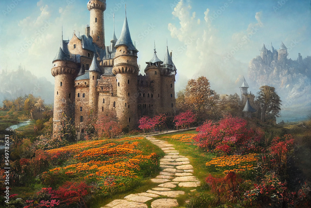 Fantastic Wonderland Landscape With Mushrooms, Beautiful Old Castle 