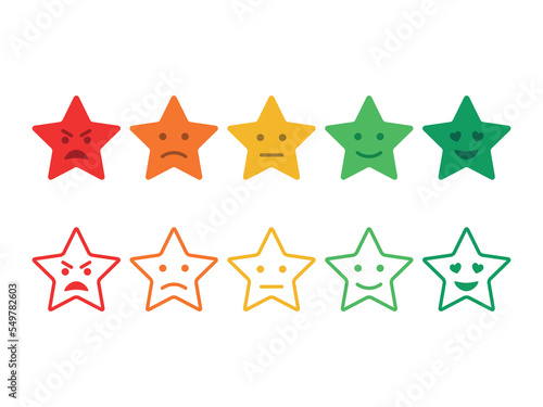Feedback emoticon stars. Survey stars smiley set. Customer experience evaluation. Rating system stars. Level of satisfaction rating. Vector flat icon set