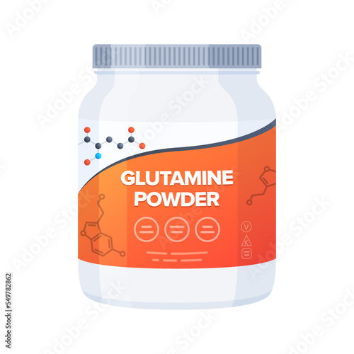 L-Glutamine Powder supplement bottle. Plastic bottle of amino acids powder. Vector illustration