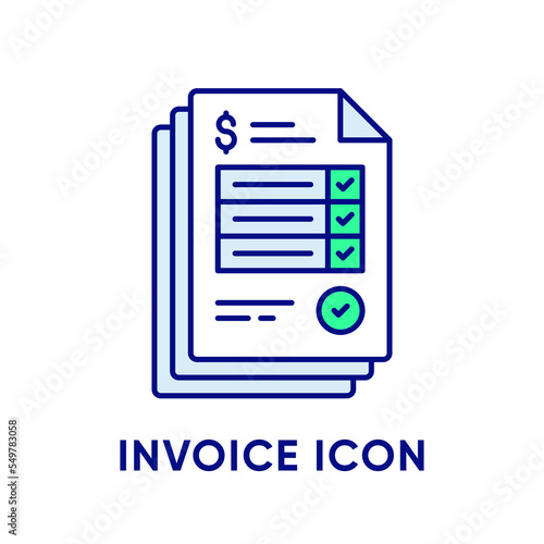 Invoice icon. Stack of paper documents with checked checkboxes. Payment and bill invoice. Order symbol concept. Tax sign design. Vector flat line style icon