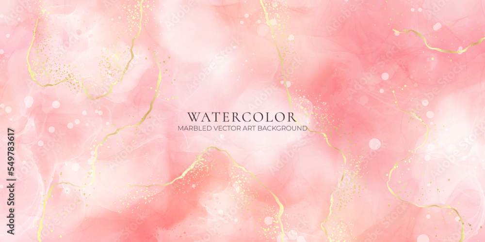 Pink blush liquid watercolor background with golden lines, dots and stains. Pastel marble alcohol ink drawing effect. Vector illustration design template for wedding invitation
