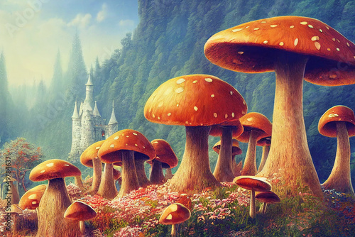 fantastic wonderland landscape with mushrooms, beautiful old castle © rufous