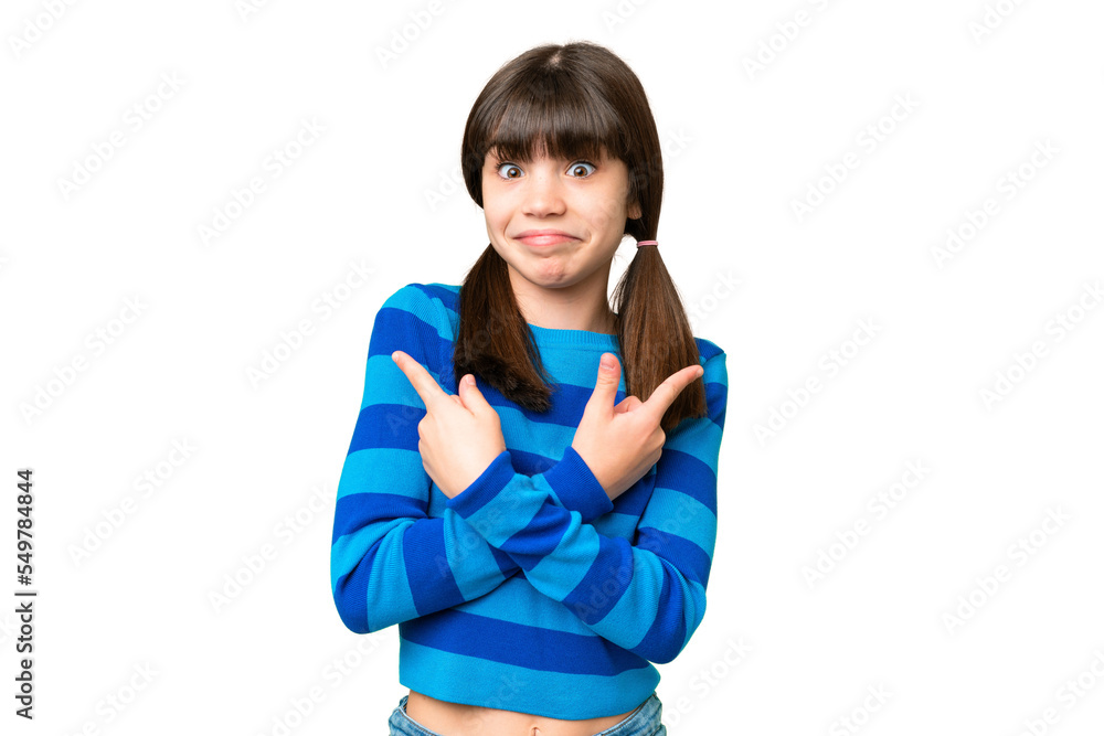 Little caucasian girl over isolated background pointing to the laterals having doubts Little caucasian girl over isolated background pointing to the laterals having doubts