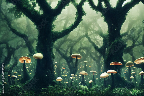 fantastic wonderland landscape with mushrooms
