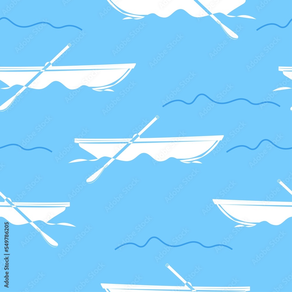 Boat and oars crossed in outline style. Seamless pattern. Sea texture.