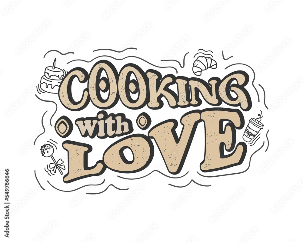 inscription light handwritten for banner poster, cook with love. stylish, modern decoration for a cafe, dining room, restaurant in black and white. inscription light handwritten for banner poster, cook with love. stylish, modern decoration for a cafe, dining room, restaurant in black and white.