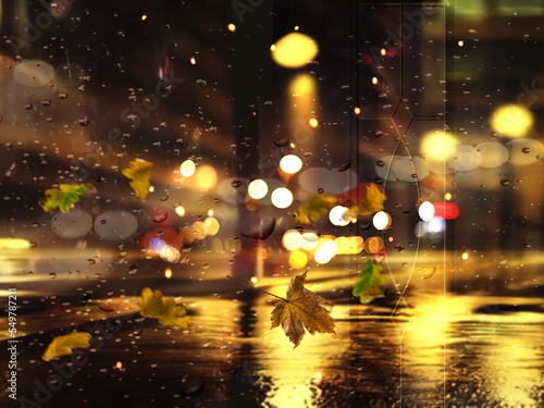 rain drops evening city blurred bokeh light Autumn leaves template background