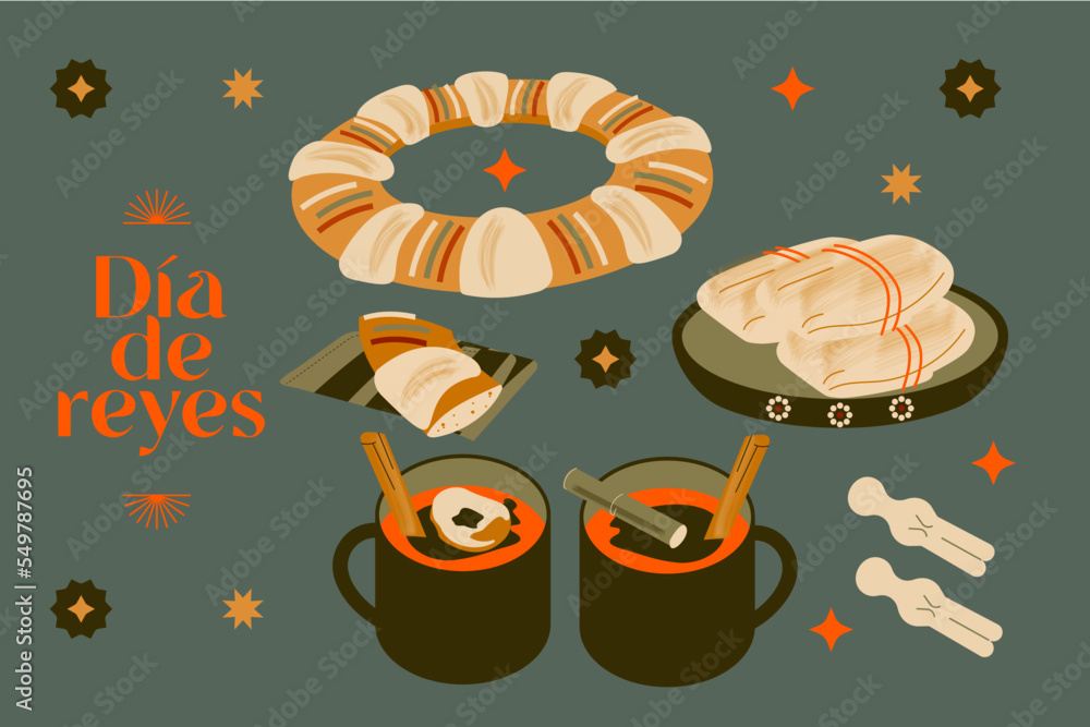 Set ilustración vectorial comida celebración mexicana de días de reyes magos, partida de rosca y ponche con tamales. 6 de enero. - obrazy, fototapety, plakaty 
