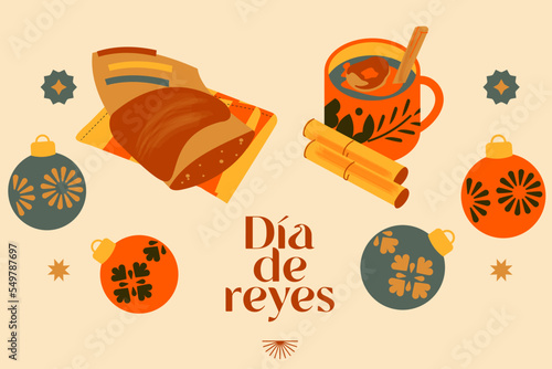 Set ilustración vectorial celebración de días de reyes magos, partida de rosca y ponche. Esferas, Navidad mexicana. 6 de enero.