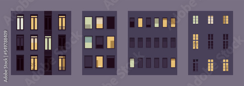 Cottage facade late night window texture, house set. Grand mansion pattern, domestic residence, school building, traditional architecture style design, housing urban development. Vector illustration