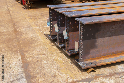 Steel H-Beam from Fabrication Shop Ready for On-site Installation, Steel Structure Work Bolted Connection.