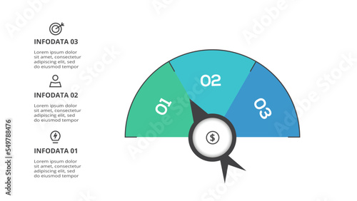 Speedometer infographic with 3 elements template for web, business, presentations, vector illustration.