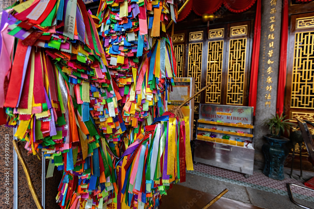 Wish ribbons in Buddhist temple in Kek Lok Si temple, George Town, Penang, Malaysia