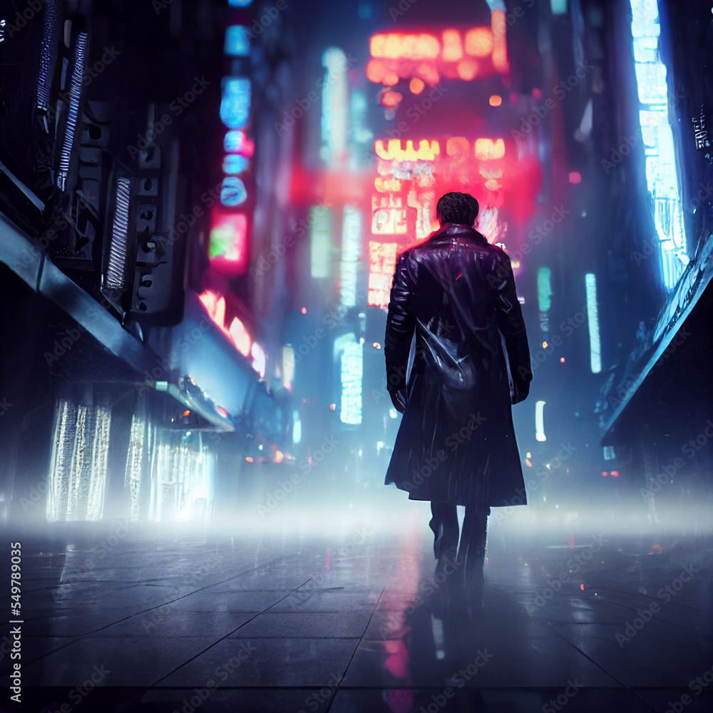 Rearview of a man wearing a black coat in a futuristic city