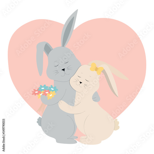 Cute two rabbits are hugging on the background of the heart. Cute Valentines day, wedding card. Vector invitation. 