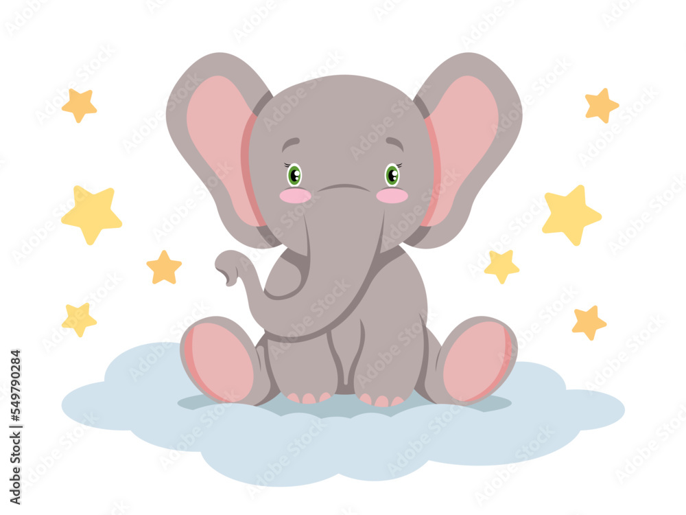 Cute elephant sitting on cloud with stars, cartoon illustration for kids.